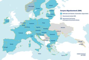 Kaart Europa EMN-leden en waarnemende landen EMN