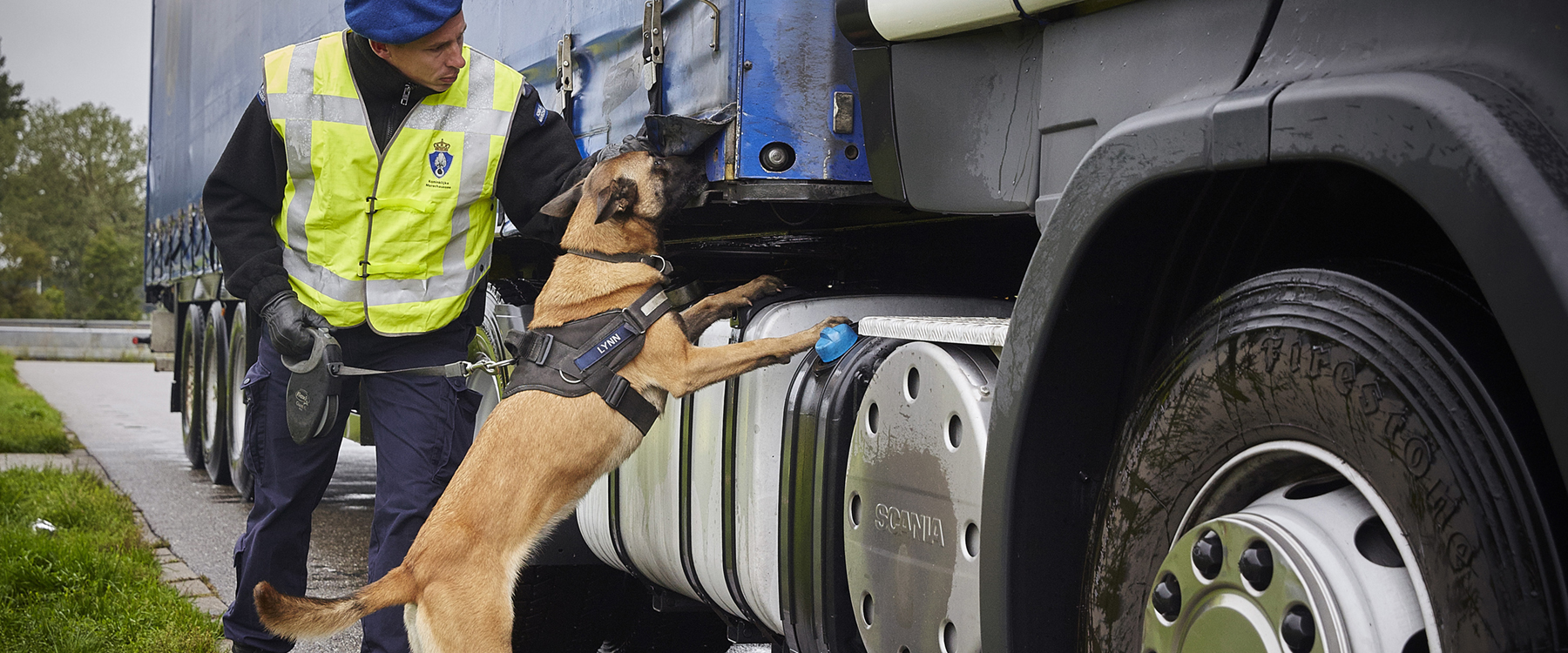 De Koninklijke Marechaussee controleert een vrachtwagen op een parkeerplaats, Eijsden. | Foto: Phil Nijhuis | Ministerie van Defensie, 2016 De Koninklijke Marechaussee controleert een vrachtwagen op een parkeerplaats, Eijsden. | Foto: Phil Nijhuis | Ministerie van Defensie, 2016