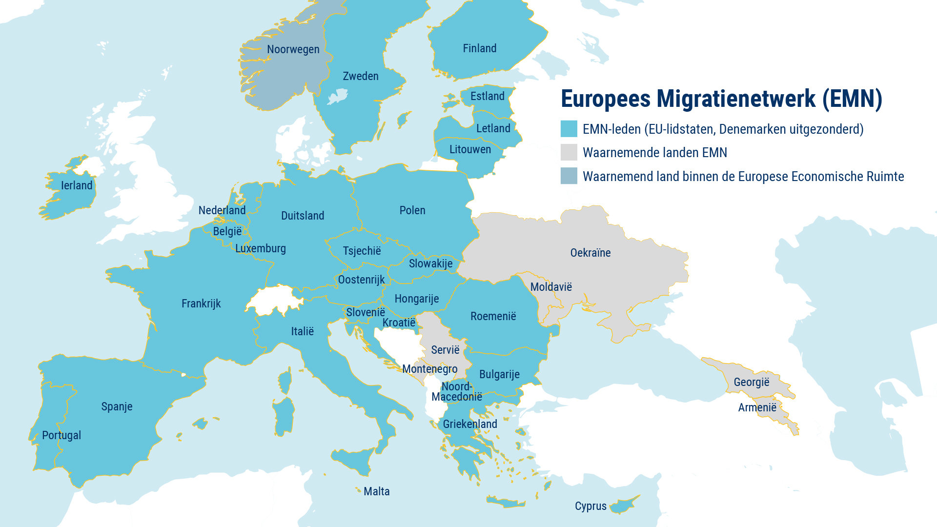 Kaart EU-lidstaten en waarnemende landen van het EMN