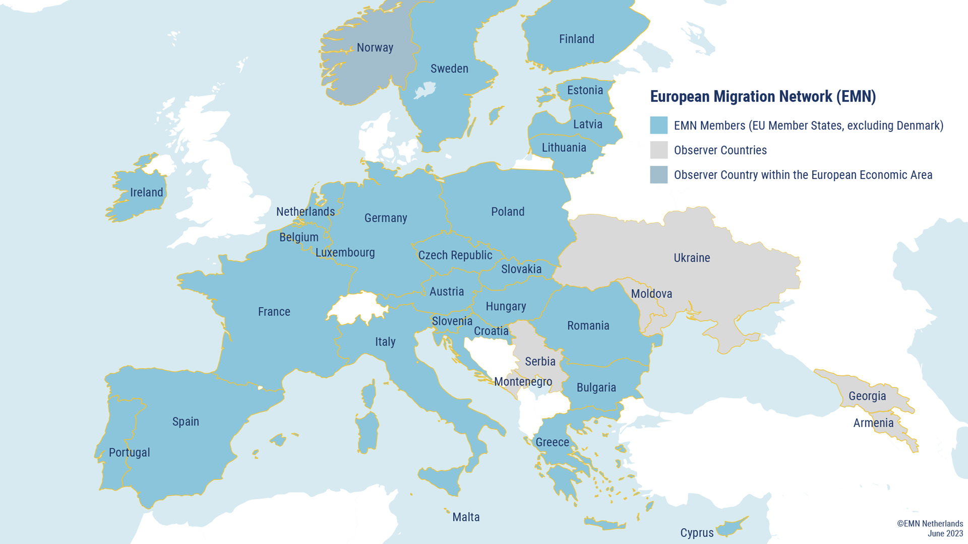 Kaart leden EMN in Europa